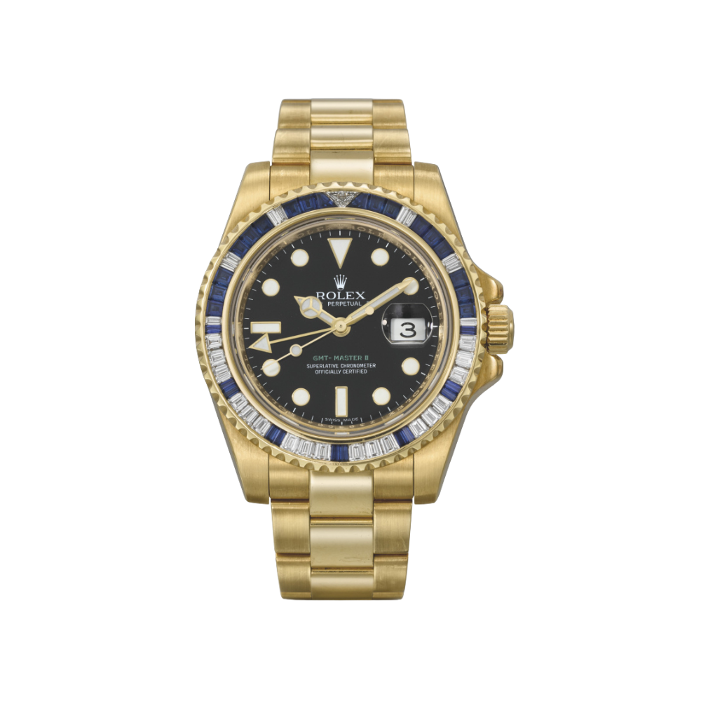 Rolex GMT-Master II 116748SA Yellow Gold Sapphire and Diamond Bezel Black Dial