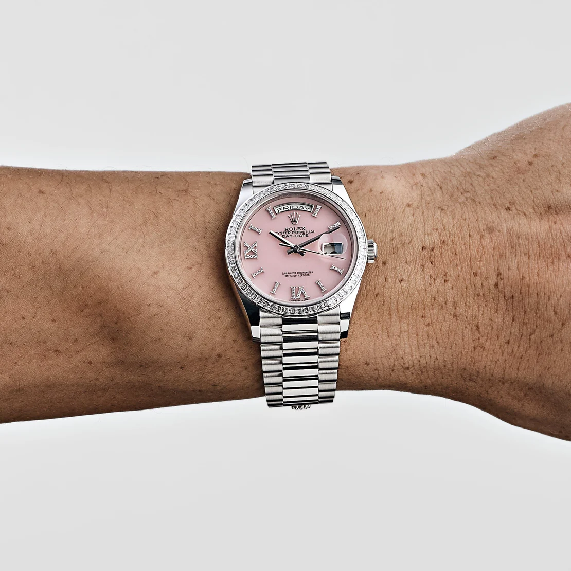 Rolex Day-Date 36 128396TBR Platinum Pink Opal Diamond Dial and Bezel - Image 3