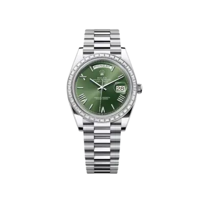 Rolex Day-Date 40 228396TBR Platinum Olive Green Dial Diamond Bezel