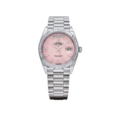 Rolex Day-Date 36 128396TBR Platinum Pink Opal Diamond Dial and Bezel