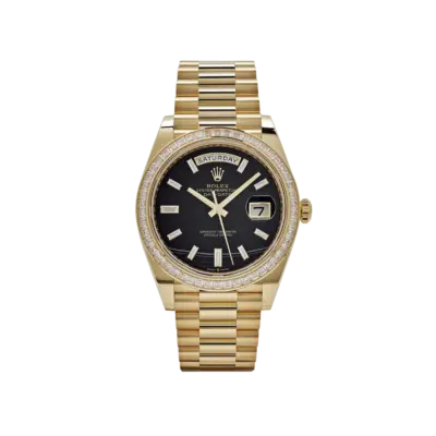 Rolex Day-Date 40 228398TBR Yellow Gold Onyx Baguette Diamond Dial Baguette Bezel