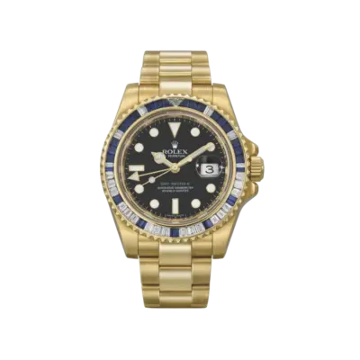 Rolex GMT-Master II 116748SA Yellow Gold Sapphire and Diamond Bezel Black Dial