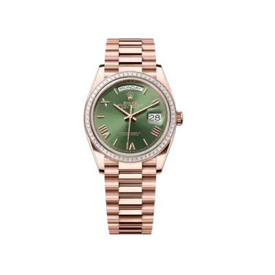 Rolex Day-Date 36 Everose Gold & Diamond Bezel Green Dial 128395TBR – Luxury President Watch